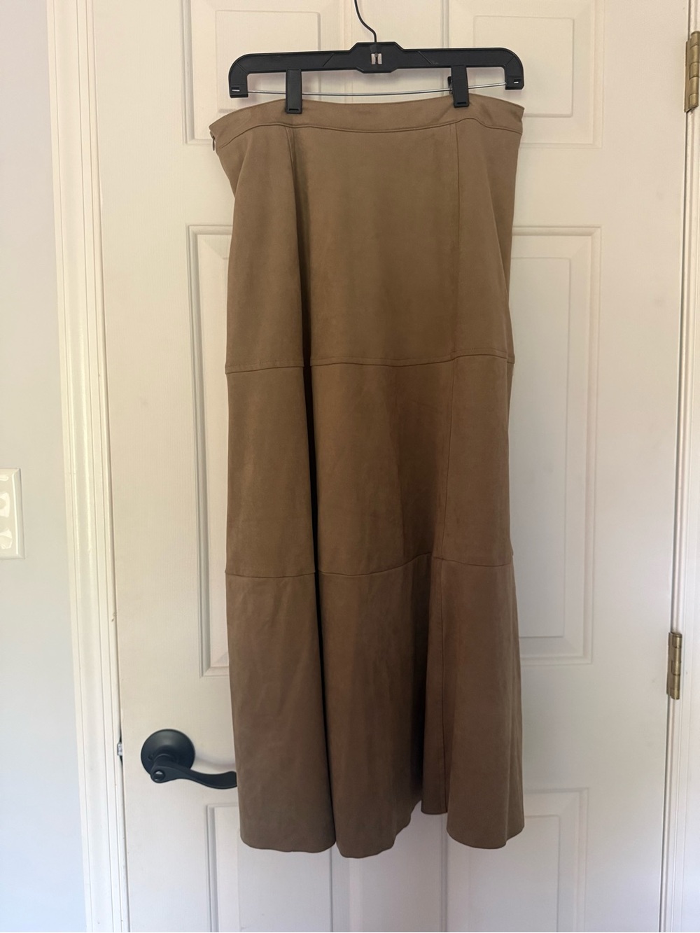 Classic Midi A-Line Suede Skirt in Tan